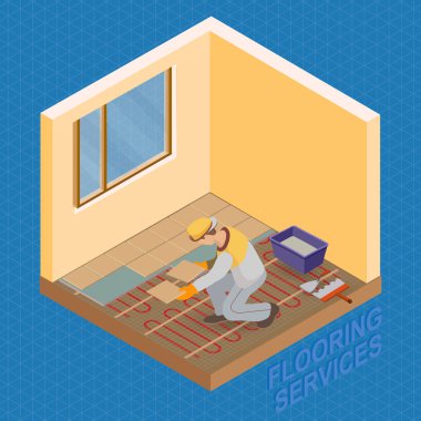 Ev onarım izometrik şablonu. Fayans yalıtılmış katta yükleme. Repairer karo döşeme. Oluşturucu üniformalı bir taş tutar. İşçi, araçları ve iç parçası. Vektör düz 3d çizim.