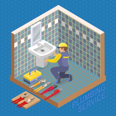 İzometrik iç kavramı onarır. Tesisatçı lavabo mavi çini ile banyoda yüklüyor. Oluşturucu üniformalı bir lavabo tutar. İşçi ve iç parçası. Vektör düz 3d çizim.
