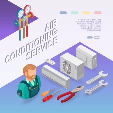 Klima Servisi. İzometrik iç kavramı onarır. İşçi, ekipman ve öğeleri izometrik simgesi. Üniforma, profesyonel araçlar, klimalar Builder'da. Vektör düz 3d çizim.