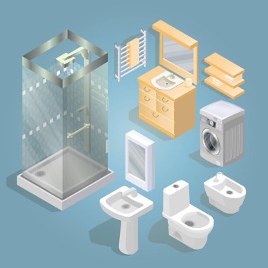 Banyo öğeler ve mobilya izometrik simgesi üzerinde izole mavi ayarlayın. Çizgi film lavabo, duş, tuvalet. Ayrıntılı nesneleri. Vektör düz stil 3d çizim. Banyo izometrik iç öğeleri.