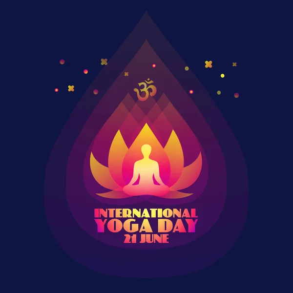 Internationale Yoga Dag Abstracte Glanzend Roze Lotus Bloem Man Silhouet — Stockvector