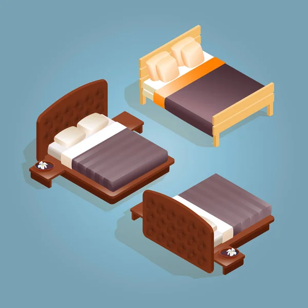 Ισομετρική Καρτούν Διπλά King Size Κρεβάτια Στρώμα Και Μια Υψηλή — Διανυσματικό Αρχείο
