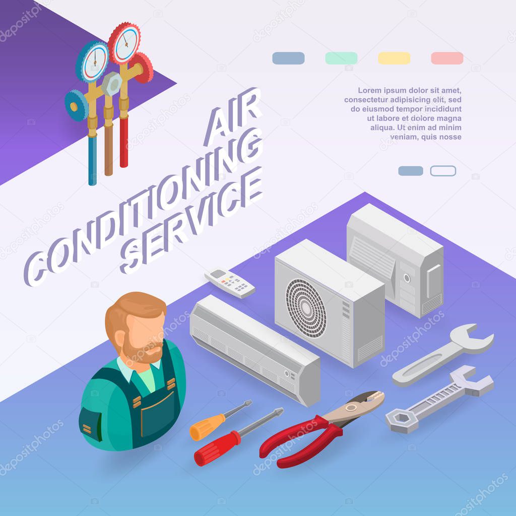 Air conditioning service. Isometric interior repairs concept. Worker, equipment and items isometric icon. Builder in uniform, professional tools, conditioners. Vector flat 3d illustration.