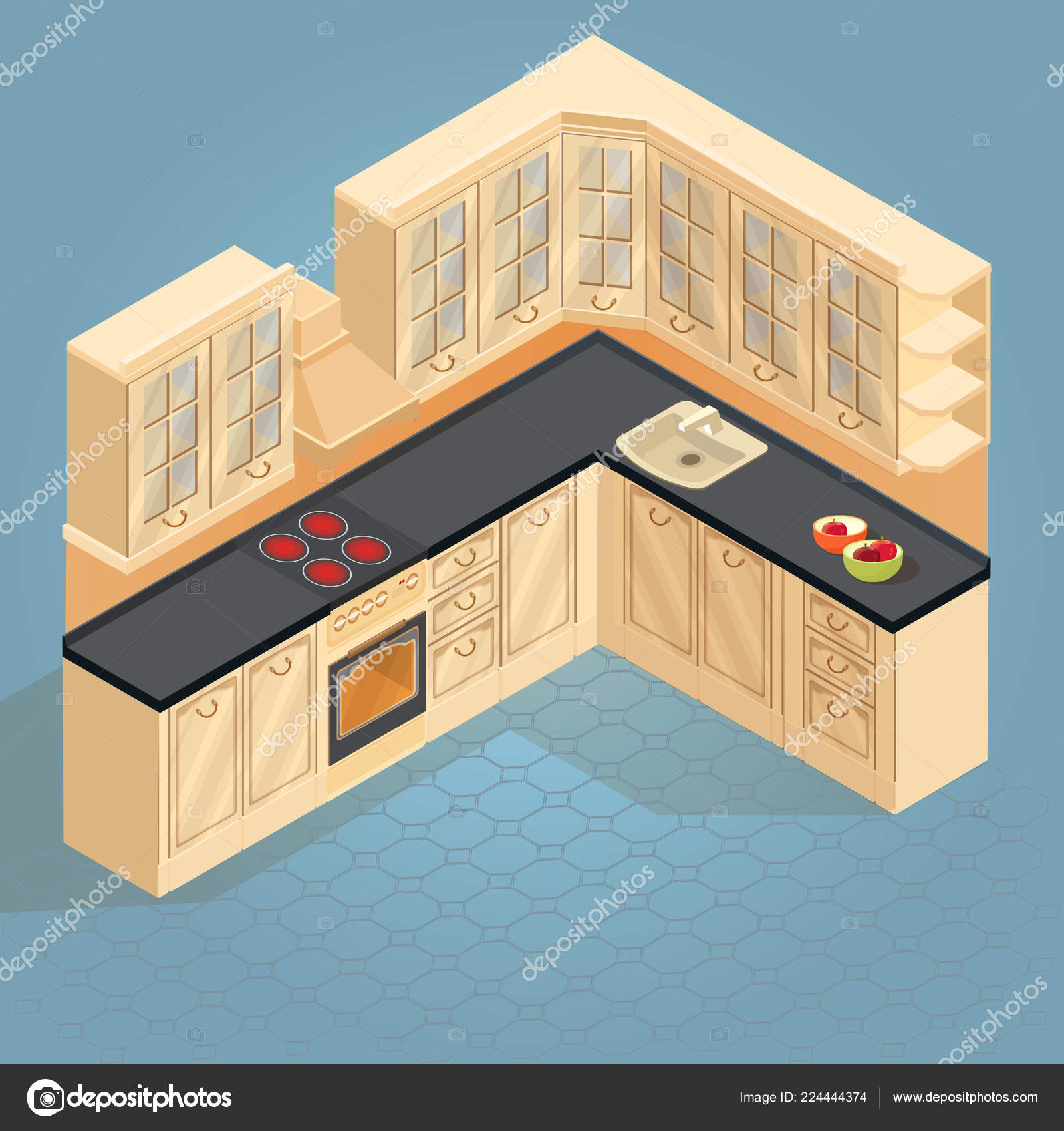 Isometric Cartoon Retro Kitchen Furniture Icon Isolated Blue