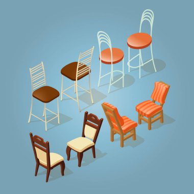 İzometrik karikatür sandalye simgesi mavi izole. Sandalye beyaz, kahverengi ve turuncu döşeme ile. Önde ve arkada. Vektör düz stil 3d çizim.