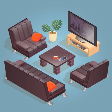 Mavi izole izometrik karikatür kanepe, koltuk, Tv ve masa simgesi. Kanepe ve sandalye karanlık döşeme ile. Önde ve arkada. Vektör düz stil 3d çizim.