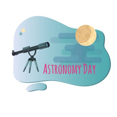 Astronomi gün vektör Illustration. Çizgi film teleskop ve ay. Astronomi tebrik kartı. Düz tasarım.