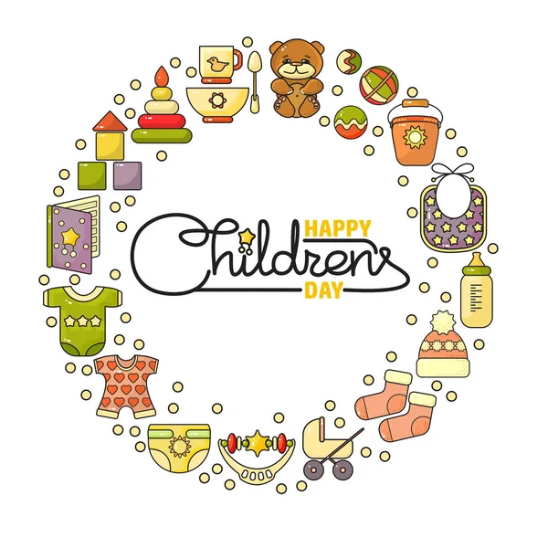 Gelukkige Dag Van Kinderen Schattige Cartoon Speelgoed Kleren Kids Accessoires — Stockvector