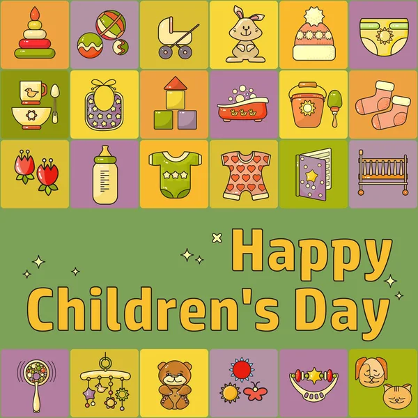 Gelukkige Dag Van Kinderen Schattig Geïsoleerde Cartoon Speelgoed Kleding Kids — Stockvector