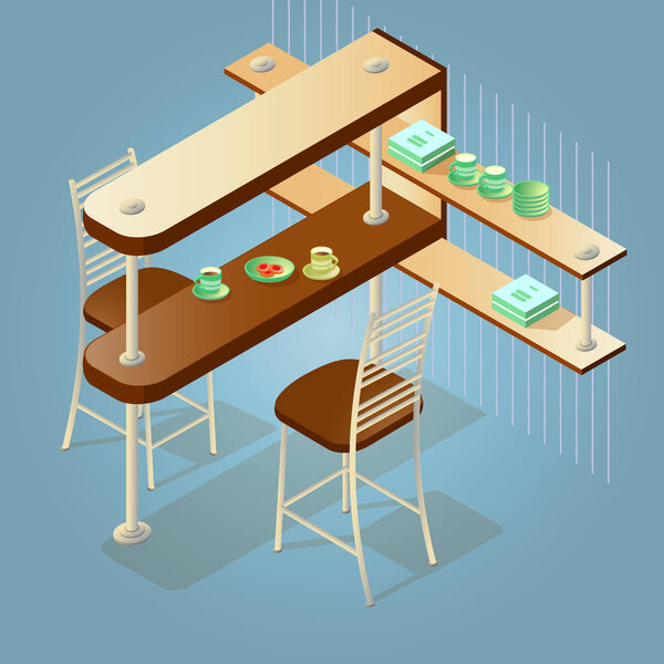 Set of the isometric cartoon counter and chairs icon isolated on blue. Wooden volumetric kitchen bar counter, shelves and two chairs. Detailed objects. Vector flat style 3d illustration.