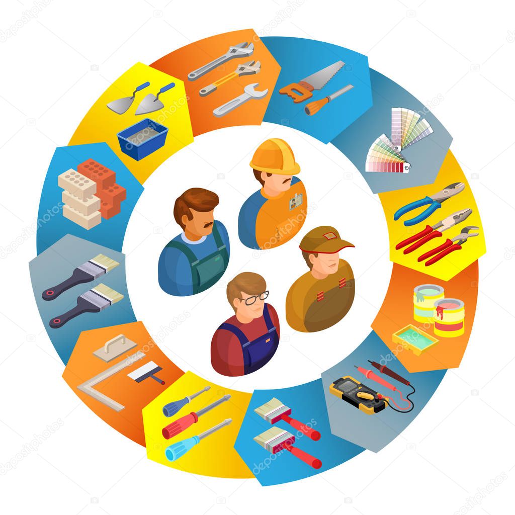 Builders in uniform, professional tools. Worker, equipment and items isometric icons in circle shape. Building or repair services. Vector flat 3d illustration.