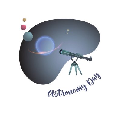 Astronomi gün vektör Illustration. Çizgi film teleskop ve gezegenler. Astronomi tebrik kartı. Düz tasarım.
