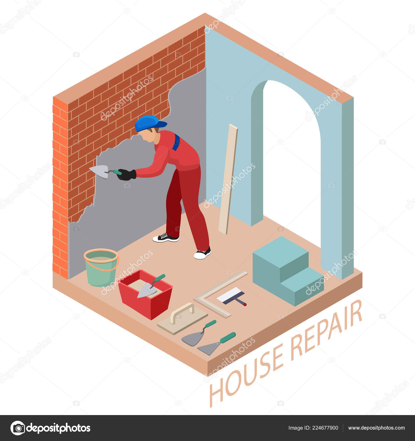 Isometric Interior Repairs Concept Builder Plastering Brick