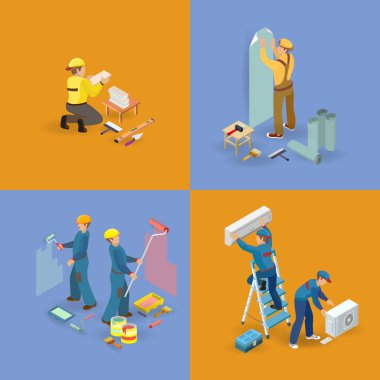 İzometrik iç Icons set onarır. İşçiler, ekipman ve öğeleri. Üniforma, profesyonel araçlar inşaatçılar. Saç kremi yükleme, dekoratörler, döşeme karo. Vektör düz 3d çizim.