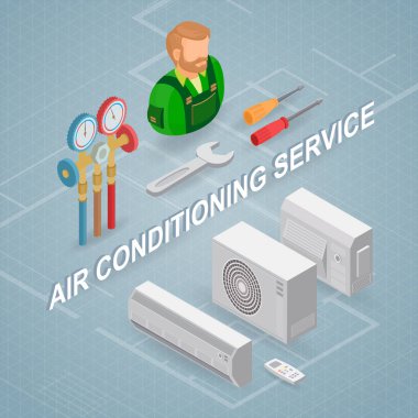 Klima Servisi. İzometrik iç kavramı onarır. İşçi, ekipman ve öğeleri izometrik simgesi. Üniforma, profesyonel araçlar, klimalar Builder'da. Vektör düz 3d çizim.