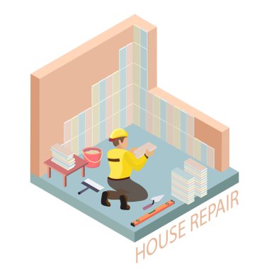 İzometrik iç kavramı onarır. Kiremitçi renkli çini tesislerinde köşede bağlıyor. Oluşturucu üniformalı bir taş tutar. İşçi, araçları ve iç parçası. Vektör düz 3d çizim. 