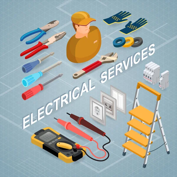 Elektrik Hizmetleri. İzometrik iç kavramı onarır. Renkli elektrik öğelerine elektrikçi ve profesyonel elektrikli araçlar. İşçi, ekipman ve öğeleri izometrik simgesi. Vektör düz 3d çizim.