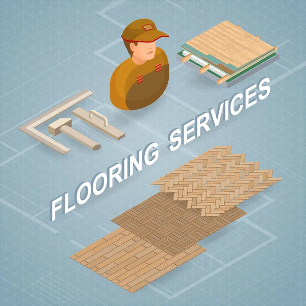 地板服务 等特式内部维修的概念 设备和物品等距图标 建筑工人在制服 镶木地板 专业的工具 向量平3D — 图库矢量图片