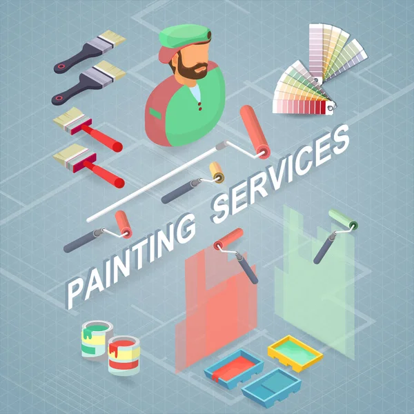 Serviços Pintura Conceito Reparos Interiores Isométricos Trabalhador Equipamentos Itens Ícone — Vetor de Stock