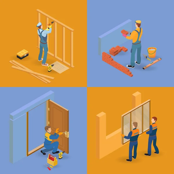 Isometrische Reparatursymbole Für Den Innenraum Gesetzt Arbeiter Ausrüstung Und Gegenstände — Stockvektor
