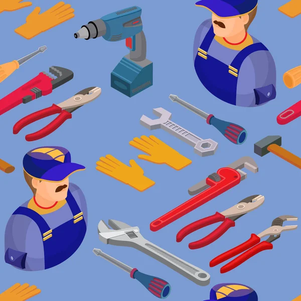 Trabalhadores Ferramentas Padrão Sem Costura Construtor Símbolos Reparo Isolados Azul —  Vetores de Stock