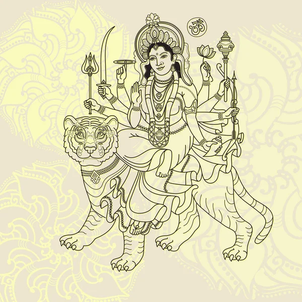 Hindu tanrıça. El vektör çizim çekilmiş. Navratri Hint Festivali için kaplan oturan Tanrıça Durga. Doğrusal vektör çizim. Navaratri tebrik kartı, poster.