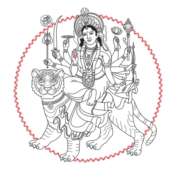 ヒンズー教の女神 手には ベクター グラフィックが描画されます 女神ドゥルガー ナヴラトリ インド祭の虎の上に座って 黒い線は 白で隔離 線形ベクトル — ストックベクタ
