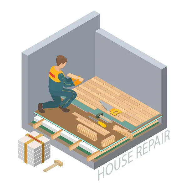 Home Repair Isometric Template Repairer Laying Parquet Prepared Lined Insulated — Stock Vector