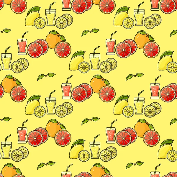 Patrón Sin Costura Vectorial Zumo Fruta Colorido Dibujado Mano Frutas — Vector de stock
