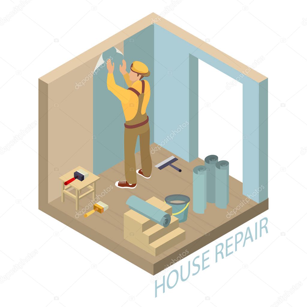 Isometric interior repairs concept. Builder pastes the wall with paper. Worker in yellow uniform is wallpapering walls. Decorator, tools and fragment of interior. Vector flat 3d illustration.