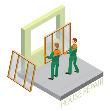 İzometrik iç kavramı onarır. Yeşil bir tulum giymiş işçi install pencere içinde windowhole. Repairers üniformalı bir pencere tutun. Vektör düz 3d çizim.