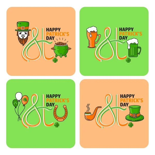 Cartes Vœux Saint Patrick Avec Tasse Bière Chapeau Ballons Pot — Image vectorielle