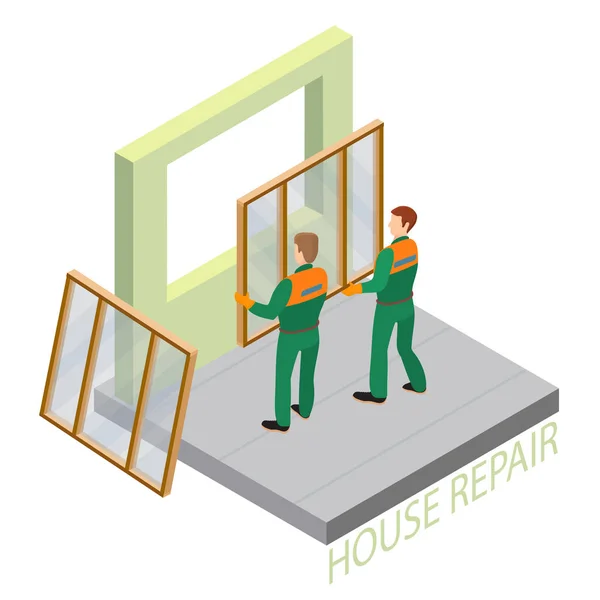 Isometrisk Interiör Reparationer Koncept Arbetstagare Som Klädd Grön Overall Installera — Stock vektor