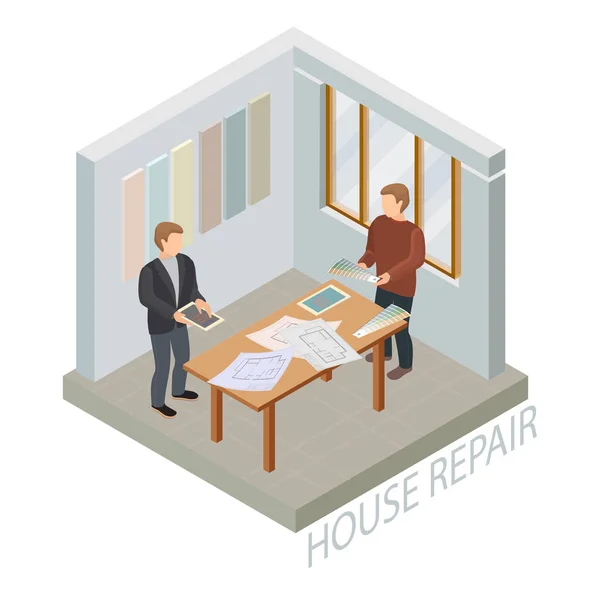 Home Repair Isometric Template Designer Customer Standing Table Drawings Looking — Stock Vector