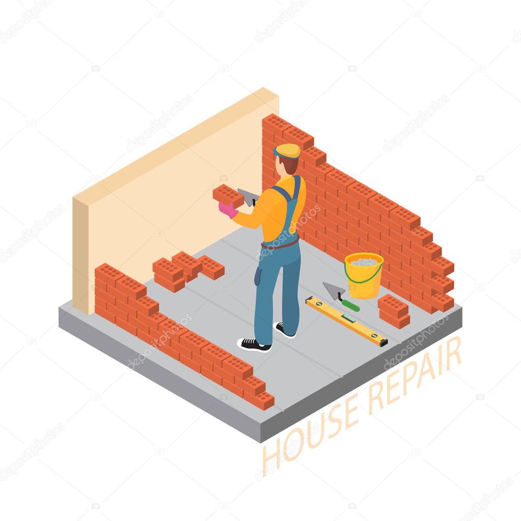Isometric interior repairs concept. Builder with tools and materials near the brick wall. Bricklayer in uniform holds a brick and spatula. Worker builds a brick wall. Vector flat 3d illustration.