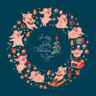 Bir çok neşeli Noel sana. Ute neşeli domuz, hediye kutuları ve üzerinde mavi arka plan izole oyuncaklar. Tebrik kartı. artoon stil komik domuzcuklar Herkesdaire oluşturacak şekilde düzenlenmiştir. Vektör çizim.