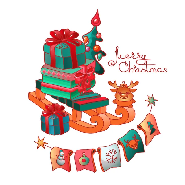 Feliz Tarjeta Navidad Lindas Cajas Regalo Trineo Árbol Navidad Juguetes — Vector de stock