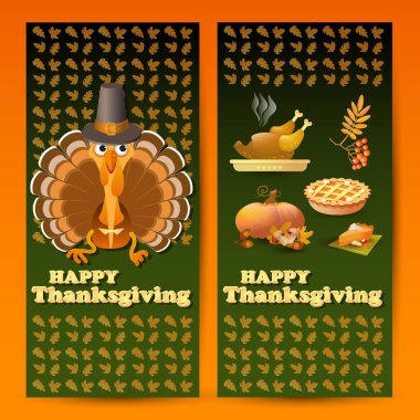 Vektör çizim sonbahar ve Şükran gıda ve sembollerle yeşil zemin üzerine. Kabak, yaprak, rowan, hacı şapka, pasta, hindi kızartma ve metin mutlu Şükran günleri içerir.