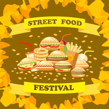 Vektör çizim Street yemek festivali. Hamburger, patates kızartması, sosisli sandviç, içki ile Fast food poster.