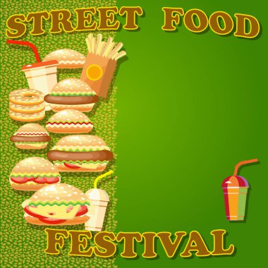 Vektör çizim Street yemek festivali. Hamburger, patates kızartması, sosisli sandviç, içki, sandviç ile Fast food poster.