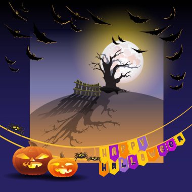 Vektör çizim Halloween gece arka plan ile dolunay, pumpkins, ağaç, yarasalar ve örümcekler. Cadılar Bayramı kartı Cadılar Bayramın kutlu olsun bayrakları kelime..