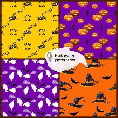 Cadılar Bayramı Dikişsiz desen ayarla hayaletler, şapkalar, pumpkins, yarasalar örümcekler