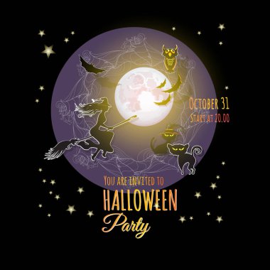 Cadılar Bayramı arka plan dolunay, cadı bir süpürge, kediler, baykuş, yarasalar ile vektör Illustration. Cadılar Bayramı kartı kelimelerle Cadılar Bayramı partisi.