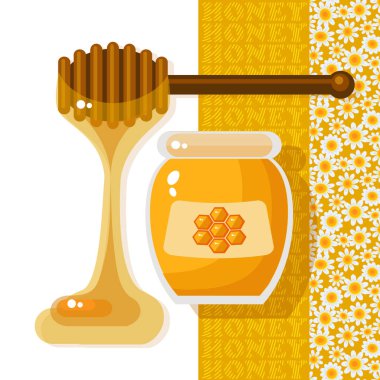 Vektör çizim Cam Kavanoz bal ve beyaz arka plan üzerinde ahşap sopa ile. Doğal lezzetli sağlıklı beslenme altın tatlım. Tatlı gıda vektör.