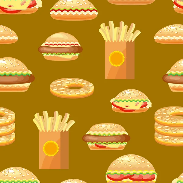 Seamless Fast Food Background Pattern Hamburger Potato Fries Hot Dog — Stock Vector