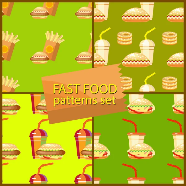 Seamless Set Fast Food Background Patterns Hamburger Potato Fries Drink — Stock Vector