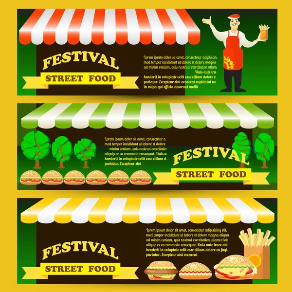 Set Street Fast Food Festival Flyers Flat Style Colorful Vector — Stock Vector