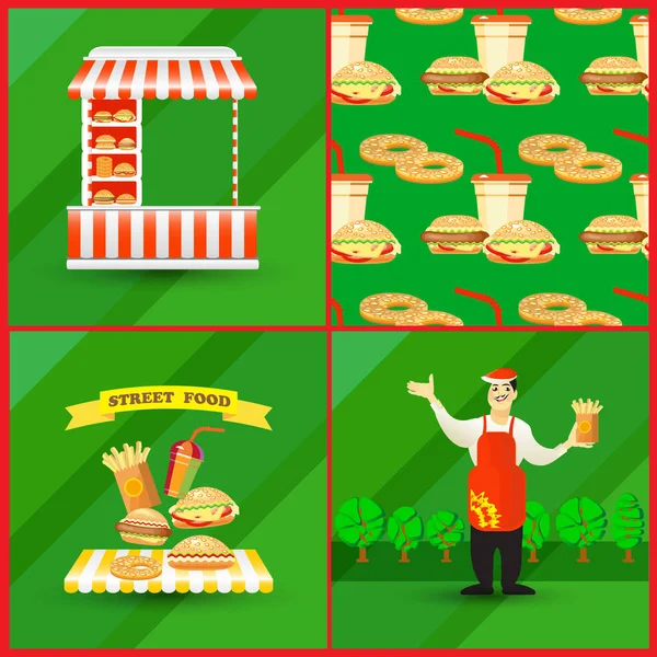 Cards Collection Street Fast Food Elements Seller Street Cart Seamless — Stock Vector