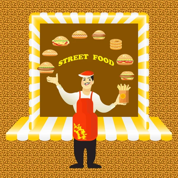 Vector Illustration Young Cook Seller Hamburgers Green Background Fast Food — Stock Vector