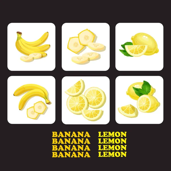 바나나 일러스트 스타일 음식입니다 레몬과 바나나의 아이콘을 — 스톡 벡터